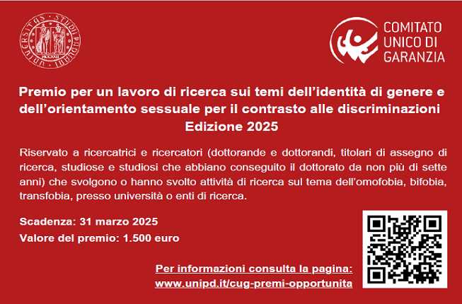 Collegamento a Premio CUG: Premio per un lavoro di ricerca sui temi dell’identità di genere e dell’orientamento sessuale per il contrasto alle discriminazioni